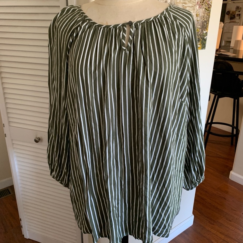 EVRI plus size  Olive Green & White Striped Peasant Tunic
